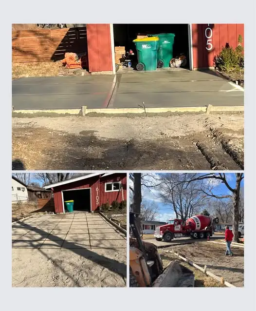 fresh concrete driveway installation with visible forms and rebar in front of a residential garage